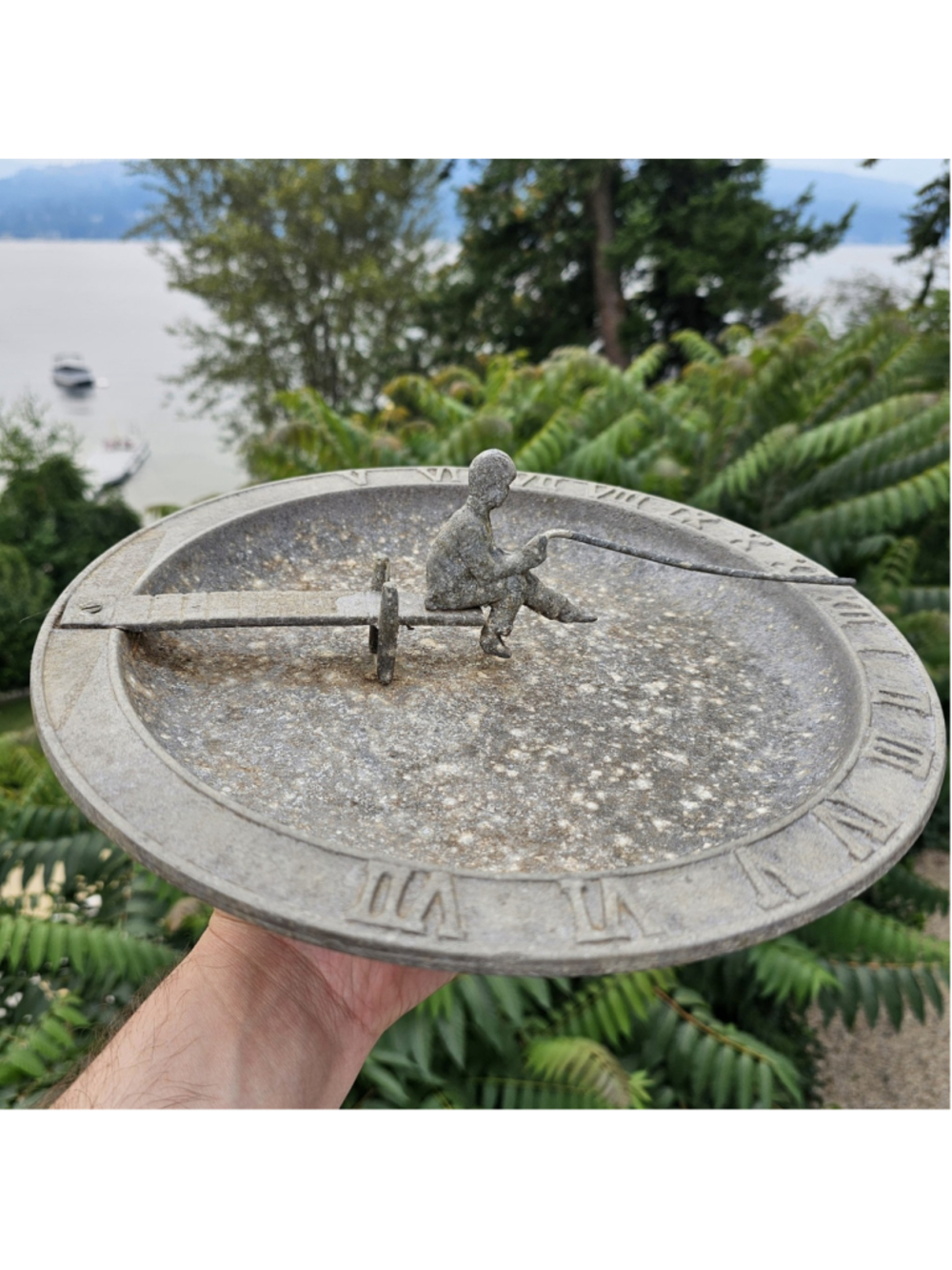 Vintage Fisherman Sundial Bird Bath Cast Metal 12" Heavy Garden Decor